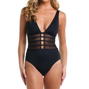La Blanca Black Mesh Inset One Piece Swimsuit 10 Sexy Neck Monokini Resort Wear